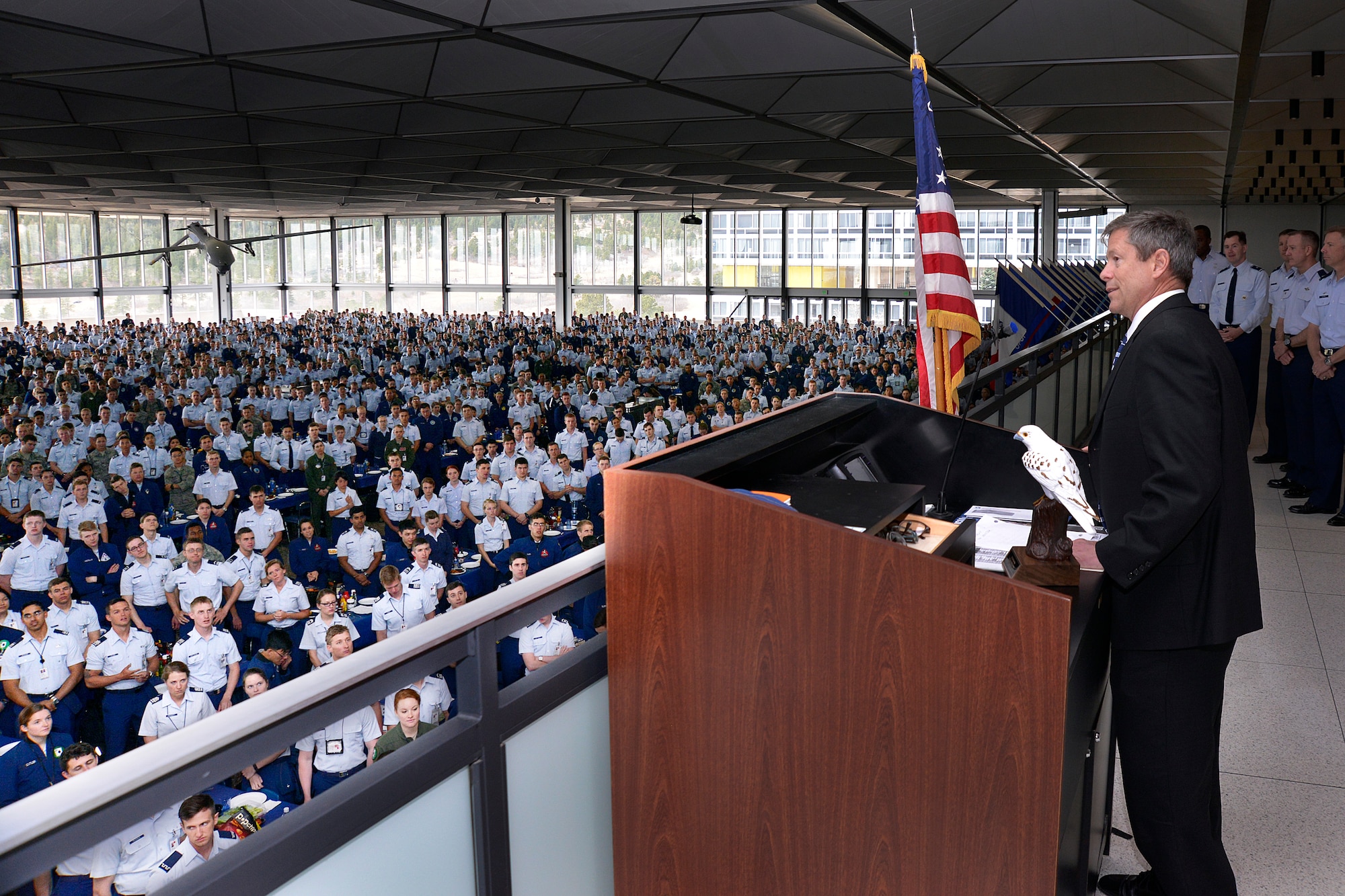 Mr. Jim Knowlton, the Air Force Academy's 11th athletic director, introduces himself to the cadet wing from the staff tower of Mitchell Hall March 30, 2015. Knowlton replaced Dr. Hans Mueh, who retired in January 2015. (U.S. Air Force photo/Jason Gutierrez)