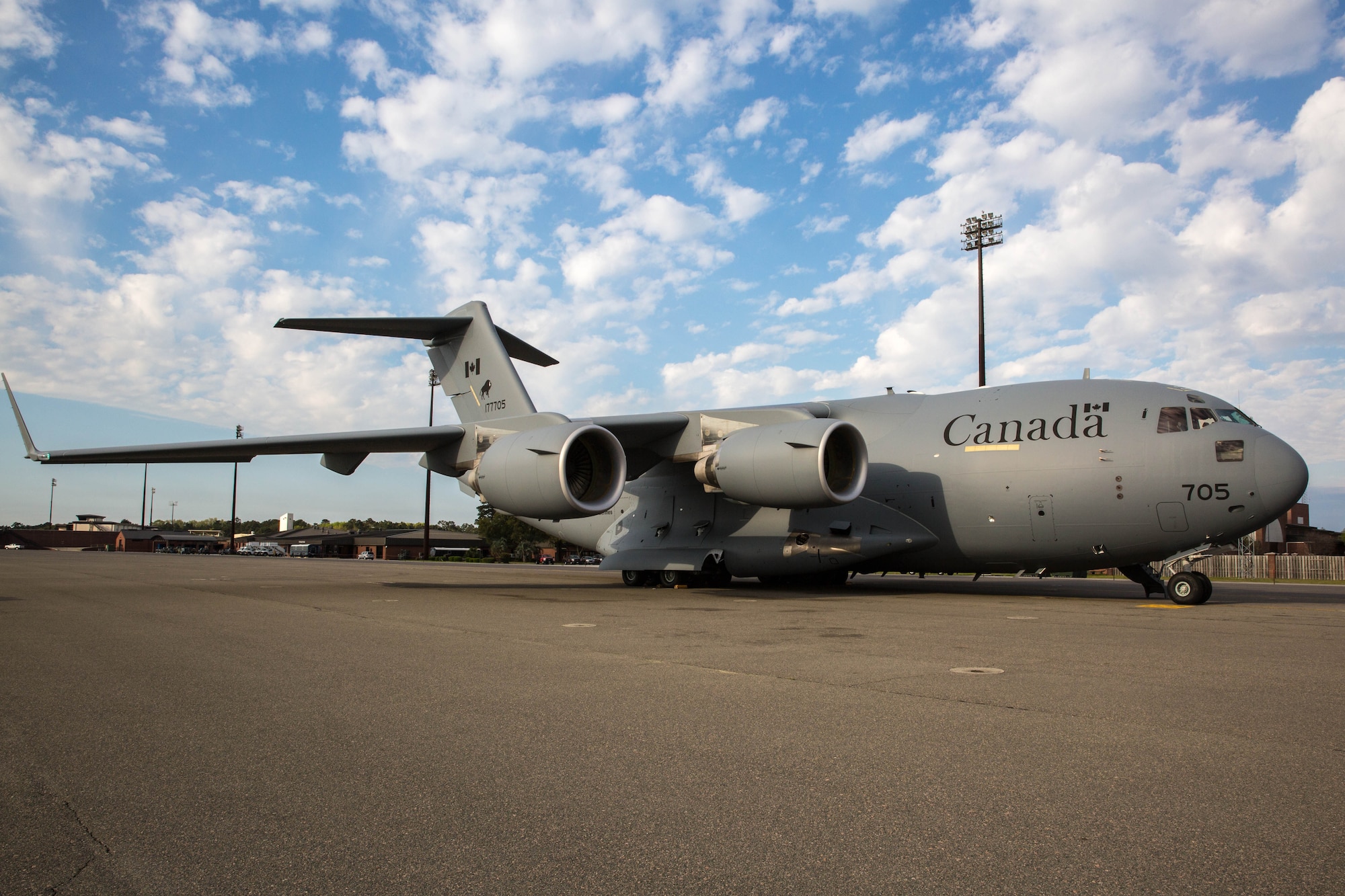 The newest member of the 429th Transportation Squadron sits on the ramp at Joint Base Charleston, South Carolina March 30, 2015 prior to departing to the 8 Wing Trenton in Ontario, Canada. The new CC-177 is the fifth aircraft to be delivered to the Royal Canadian Air Force. The 429th TS started flying the CC-177 in July 2007, and the primary mission of the squadron is to provide responsive domestic global airlift to support the Canadian armed forces through humanitarian and support missions around the globe. The CC-177 is the Royal Canadian Air Force’s version of the C-17 Globemaster III flown by the U.S. Air Force. (U.S. Air Force Photo by Tech. Sgt. Shane Ellis)