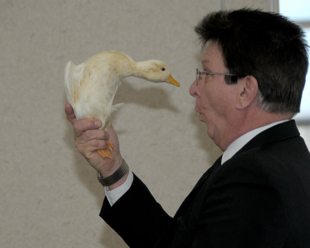 “Well, isn’t this just ducky”, seems to be what Magician Rob Allen is thinking as he performs his magic and humor held inside the Heritage Center on March 28, 2015. The Niagara Falls Air Reserve Station Friends of Family Support made possible this very entertaining event for the children of military, civilian, retirees and their guests. Events included: an Easter breakfast, crafts, magic show, and of course the egg hunt. (U.S. Air Force photo by Peter Borys)