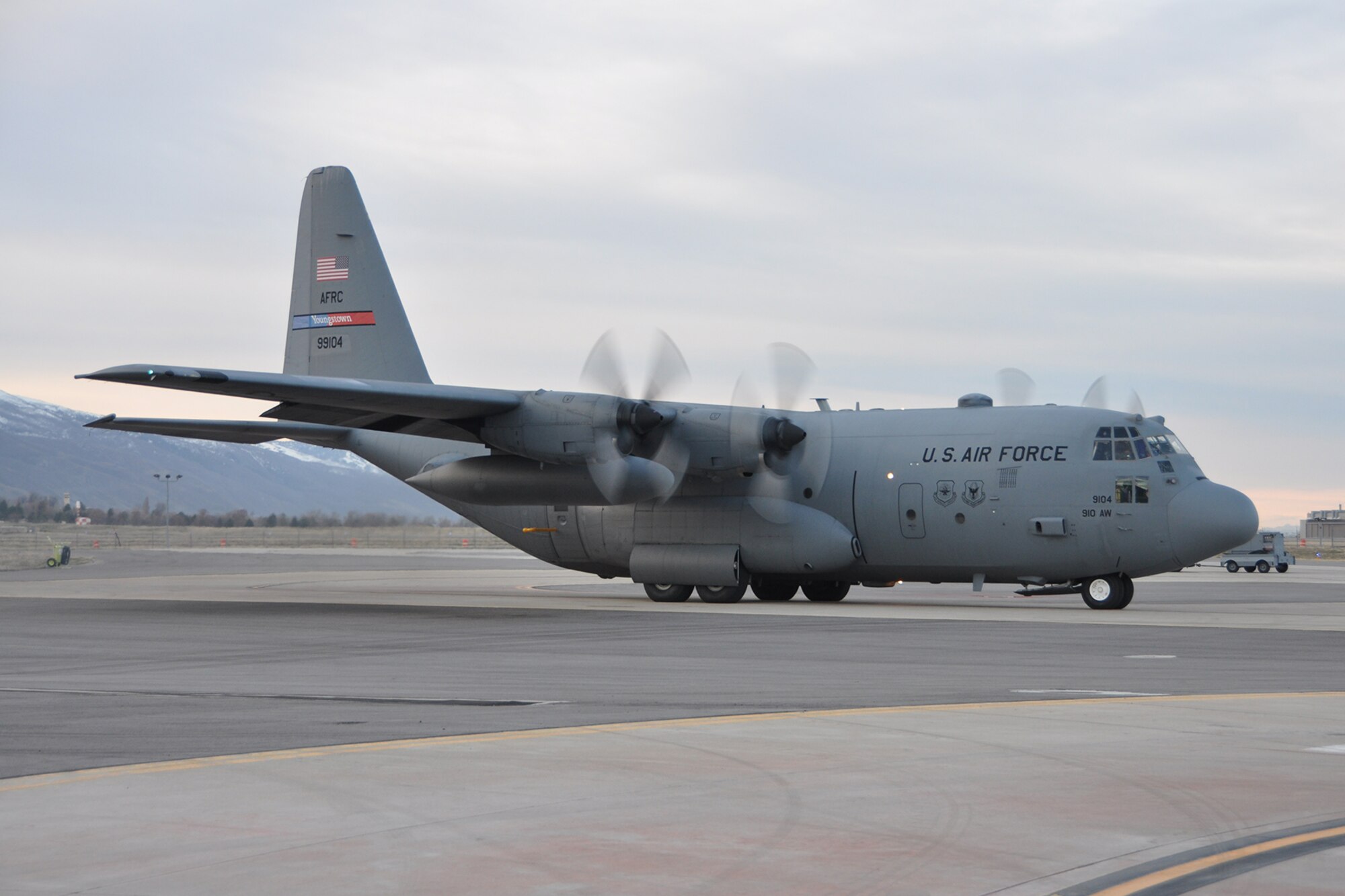 HILL AIR FORCE BASE, Utah – An Air Force Reserve modified C-130H Hercules tactical cargo aircraft, assigned to the 910th Airlift Wing based at Youngstown Air Reserve Station, Ohio, taxis on the flightline just before take-off for an aerial spray sortie here, March 17, 2015. The 910th’s aircrews flew the aircraft, outfitted with a Modular Aerial Spray System (MASS), to the nearby Utah Test and Training Range (UTTR) to spray herbicide, eliminating unwanted ground covering weeds which can obscure target sites and Unexploded Ordinance (UXO) on bombing ranges. The 910th Airlift Wing is home to the Department of Defense’s (DoD) only large-area fixed wing aerial spray capability and dedicated aerial spray maintenance flight. U.S. Air Force photo by Master Sgt. Bob Barko Jr.