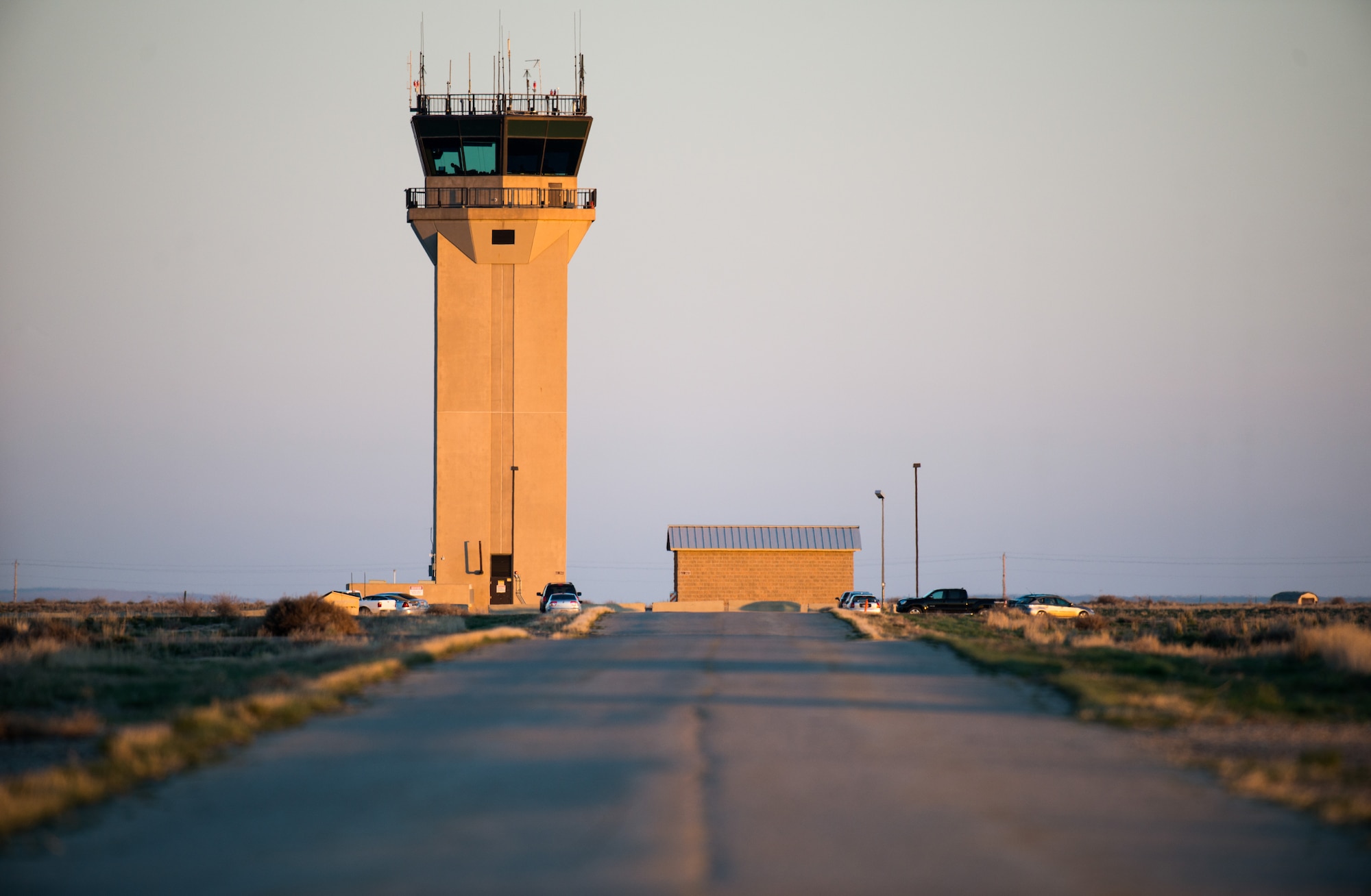 The air traffic control tower at Mountain Home Air Force Base, Idaho, basks in the fading sunlight March 18, 2015. This remote tower is where new ATC Airmen gain their certifications to earn their occupational badge. (U.S. Air Force photo by Airman Connor J. Marth/RELEASED)