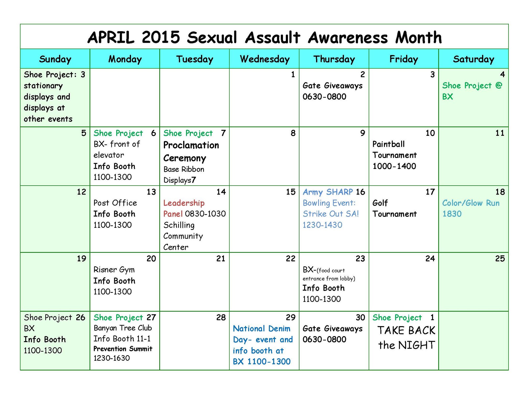 The 2015 Sexual Assault Awareness and Prevention Month theme provides recommendations on what we all can do:

◦Eliminate Sexual Assault: Every Service member, at every level in our military, must know, understand, and adhere to Service values and standards of behavior in order to eliminate sexual assault, and other inappropriate behavior.

◦Know Your Part: Each member of our DoD community has a unique role in preventing and responding to sexual assault. We must recognize our part in stopping this crime starting with our own awareness and knowing when and where to intervene.

◦Do Your Part: We have to act. If we see a crime or inappropriate behavior unfolding, we need to step in to prevent it. We each need to add our voice to the call to end this crime. (Courtesy graphic)