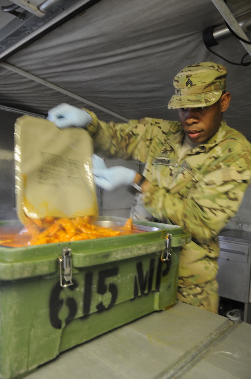 Army Sgt. Raheem Johnson, a Philadelphia native and food service noncommissioned officer with Forward Support Troop, 2d Squadron, 2d Cavalry Regiment, puts buffalo-style chicken fingers into a field container used for transporting hot meals to the field during live-fire exercises at Smardan Training Area, Romania, during preparations for Operation Windspring, March 27, 2015. U.S. Army photo by Staff Sgt. Paul Roberts