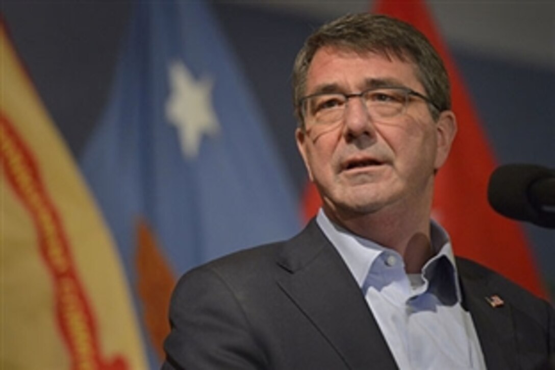 Defense Secretary Ash Carter makes remarks on building the force of the future during a troop talk on Fort Drum, N.Y., March 30, 2015.