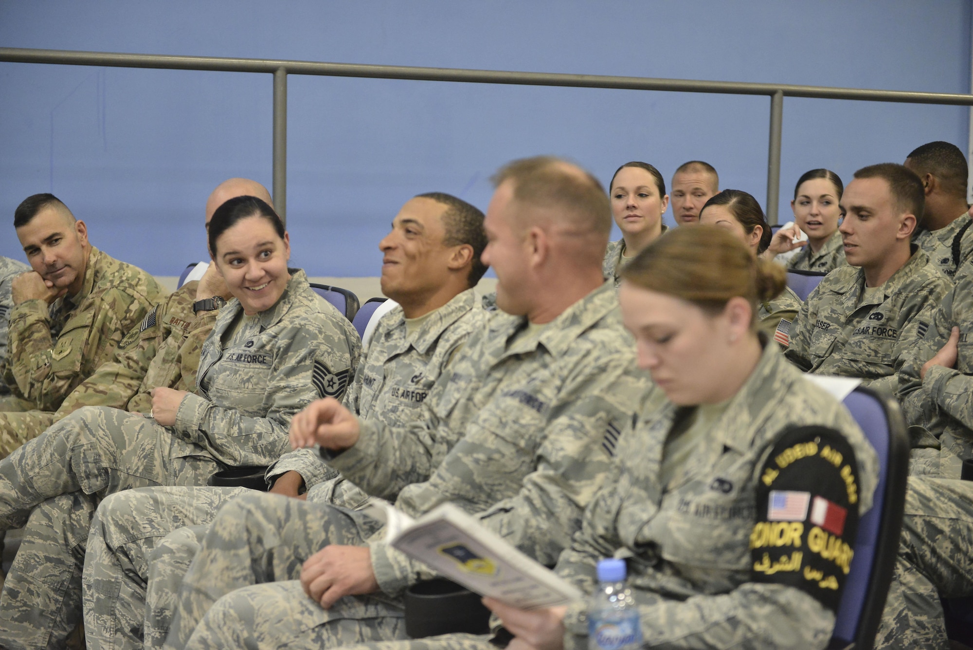 Community College of the Air Force graduates converse about their degrees prior to the CCAF graduation ceremony April 28, 2015, at the Blatchford-Preston Complex theater Al Udeid Air Base, Qatar. The Community College of the Air Force is a regionally-accredited school, and CCAF degrees are only offered to Air Force service members. Tuition assistance will cover many courses, through both on-campus and distance learning schools. The Base Education and Training Office are open from 8:00 a.m. until 8:00 p.m., Monday through Sunday and they can provide additional information on educational opportunities afforded to service members. The online Air Force Virtual Education Center, which can be accessed through the Air Force Portal, can provide additional information as well. (U.S. Air Force photo/Staff Sgt. Alexandre Montes)