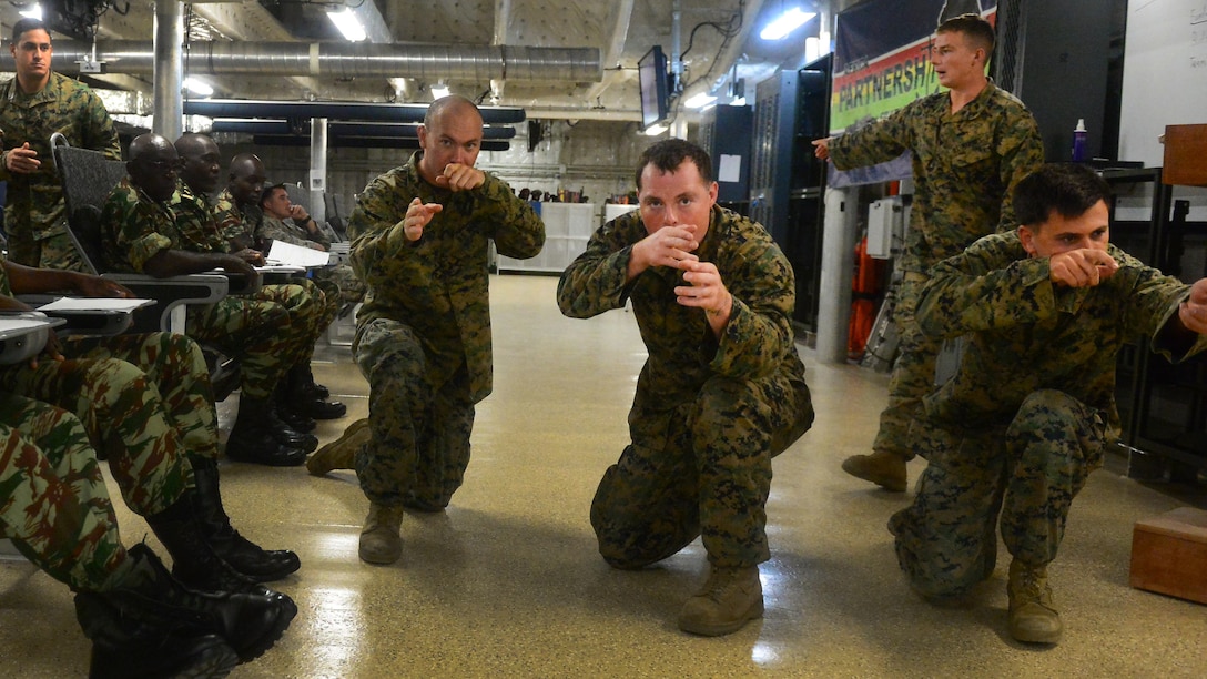 U.S. Marines demonstrate team rushes for embarked Cameroonian Naval Commandos during search and seizure training aboard the USNS Spearhead Marchm19, 2015. The Cameroonian Commandos embarked aboard the Spearhead after the theater security  cooperation team left Cameroon to travel to Gabon. U.S., British Royal and Spanish Marines made up the team of Marines that spent three months traveling to four different African countries training the militaries of Ghana, Angola, Cameroon and Gabon on basic infantry skills, marksmanship, small-boat operations and search and seizure techniques. (U.S. Navy photo by Petty Officer 2nd Class Joshua Davies/Released)