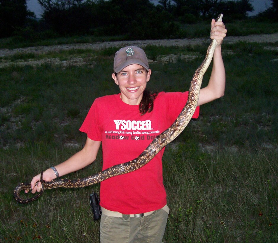 ERDC Construction Engineering Research Laboratory’s Dr. Jinelle Sperry holds a ratsnake captured at Fort Hood, Texas, and implanted with temperature sensitive radio transmitters to collect data on their thermoregulation patterns.  