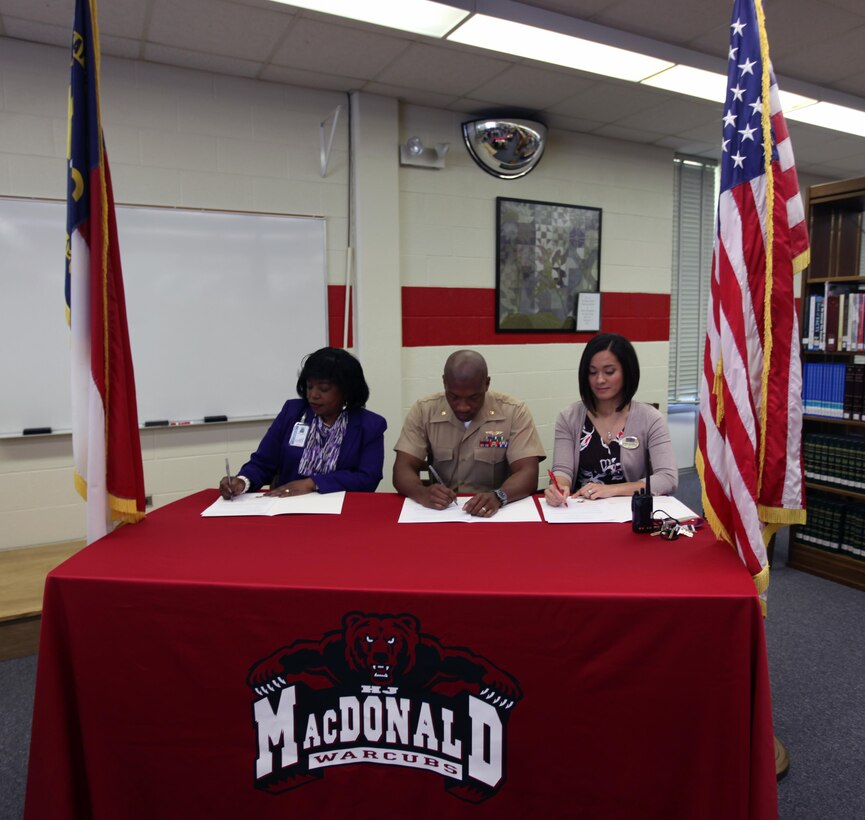 Nancy Gaskill, left, Maj. Eric Christophe, center, and Desiree Satterfield sign a memorandum of understanding for the Adopt-a-School program at H.J. McDonald Middle School in New Bern, North Carolina, April 24, 2015. Personal Support Detachment 14 adopted the school to support the community and increase community outreach efforts with Marine Aircraft Group 14. Gaskill is the principal of H.J. McDonald. Christophe is the commanding officer of PSD-14 and Satterfield is the school liason officer, both at Marine Corps Air Station Cherry Point, North Carolina.