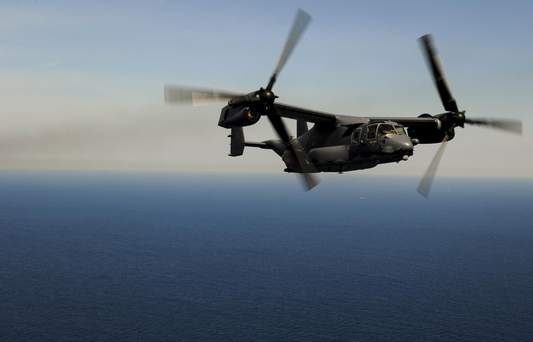 Ospreys perform formation flight in honor of Operation Eagle Claw