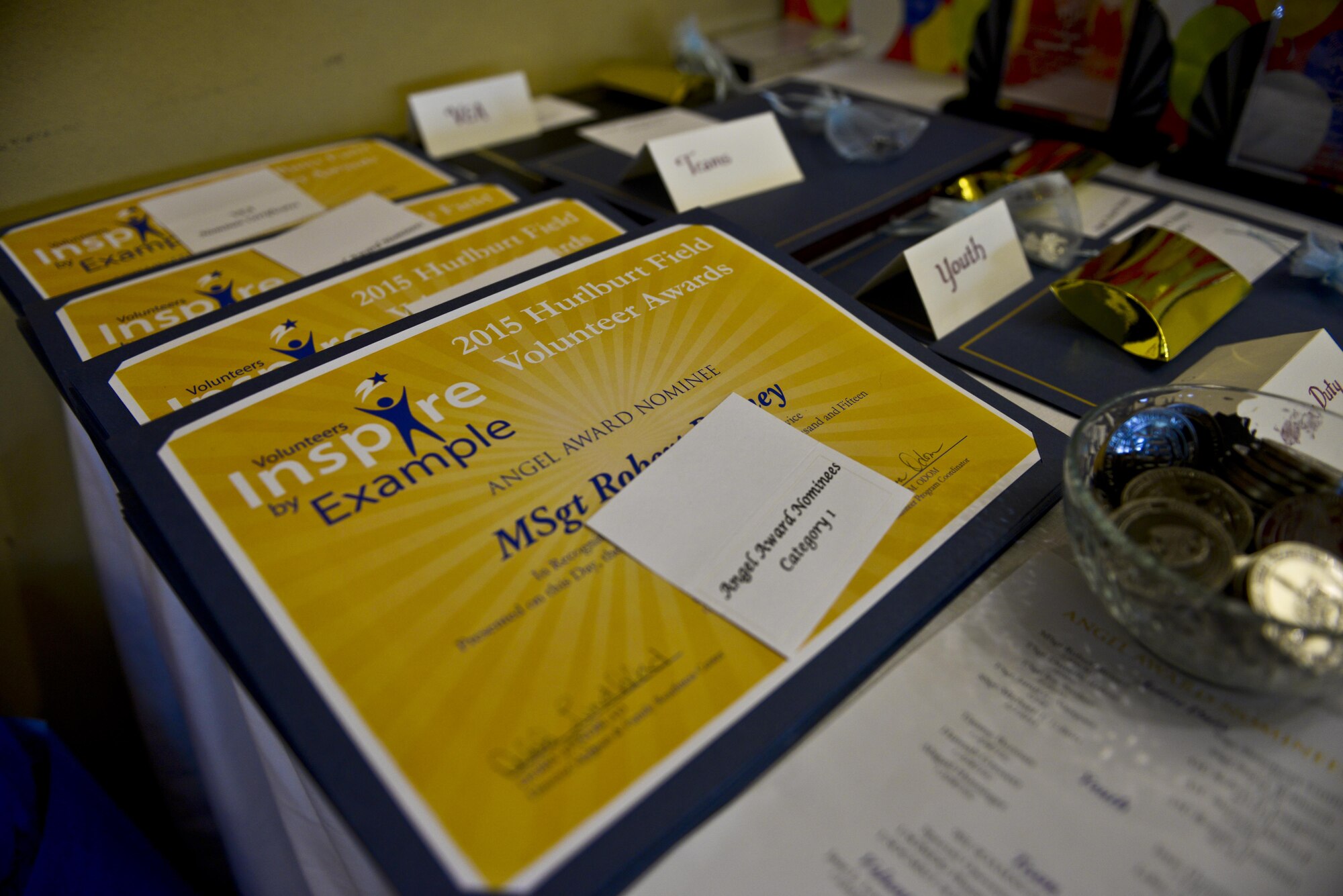 Hurlburt Field members, families and friends gathered together to celebrate the Angel Award Nominees and the Volunteer Excellence Award Nominees at the Soundside Club on Hurlburt Field, Fla., April 29, 2015.