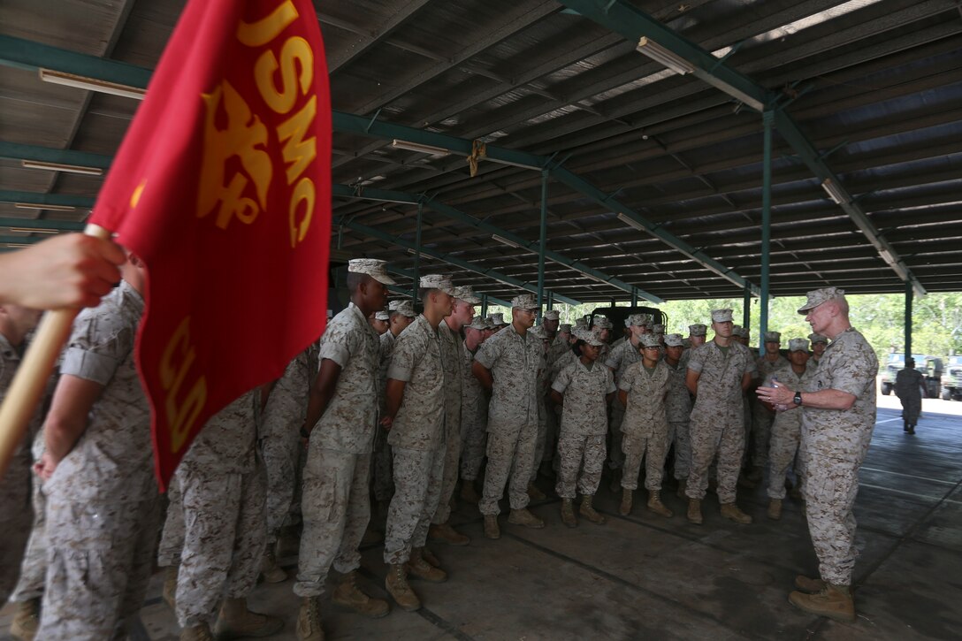 Lieutenant General John A. Toolan, commander of U.S. Marine Corps Forces, Pacific, addresses Marines with Combat Logistics Detachment 1 Marine Rotational Force – Darwin April 27 on the mission being established with the Australian Defence Force. Toolan explained how the relationship between ADF and the Corps can play an important part in making peace and becoming allies with other countries as well. MRF-D is the deployment of U.S. Marines to Darwin and the Northern Territory, for approximately six months at a time, where they will conduct exercises and training on a rotational basis with the ADF. 