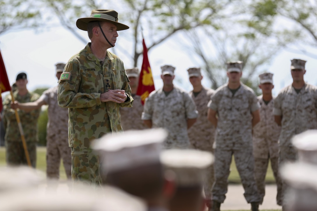 “The 1st Brigade is now your home. You are our friends,” said Brigadier Mick Ryan, Commander of 1st Brigade, Australian Army, Australian Defence Force, as he addresses Marines from 1st Battalion, 4th Marine Regiment, Marine Rotational Force – Darwin, during a “Welcome to Country” brief at the Brigade Parade Ground on April 22, 2015 at Robertson Barracks. The Marine Corps and the Australian Defence Force are committed to continuing our tradition of more than 100 years of global partnerships and security cooperation between Australia and the United States of America. U.S. military-ADF relations date back to the early 20th century and include significant conflicts World Wars I and II, Korea, Vietnam, Iraq and Afghanistan.