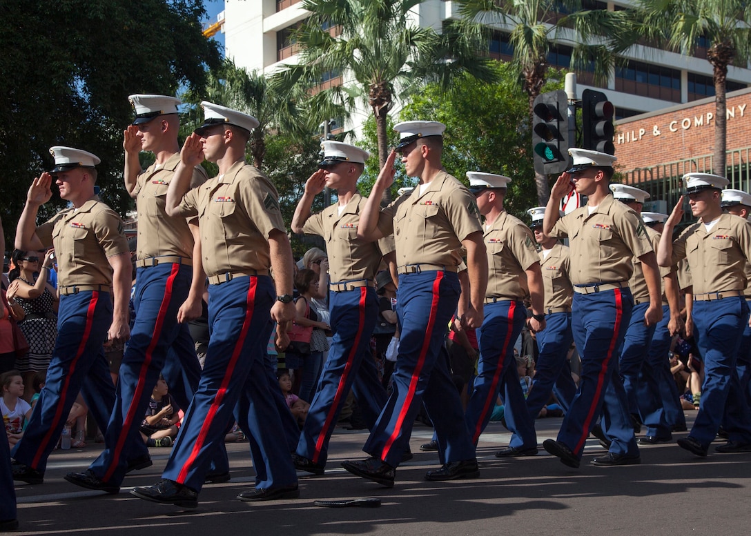 U.S. Marines salute while performing the drill movement “eyes-right” during the Australian and New Zealand Army Corps Day Parade April 25 in Darwin, Northern Territory, Australia. ANZAC Day commemorates the landing of Australian and New Zealand troops on the Gallipoli peninsula April 25, 1915. This year marked the 100th anniversary of the landing. Marine Rotational Force - Darwin is an excellent opportunity to improve our knowledge of one another’s customs and traditions which ultimately strengthen our military interoperability. The Marines are with 1st Battalion, 4th Marine Regiment, MRF-D.