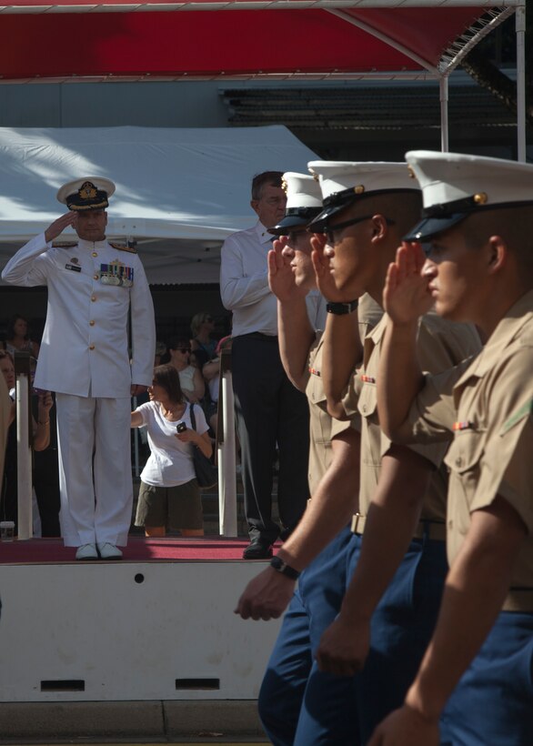 Commodore Brenton Smyth returns a salute to U.S. Marines during the Australian and New Zealand Army Corps Day Parade April 25 in Darwin, Northern Territory, Australia. ANZAC Day commemorates the landing of Australian and New Zealand troops on the Gallipoli peninsula April 25, 1915. This year marked the 100th anniversary of the landing. Smyth is the commander of Northern Command, Australian Defence Force. The Marines are with 1st Battalion, 4th Marine Regiment, Marine Rotational Force - Darwin.