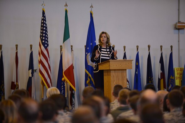 Secretary of the Air Force Deborah Lee James speaks with Airmen during an all call April 30, 2015, at Aviano Air Base, Italy. James discussed Air Force priorities and current operations and thanked 31st Fighter Wing Airmen for their service. (U.S. Air Force photo/Staff Sgt. Evelyn Chavez)
