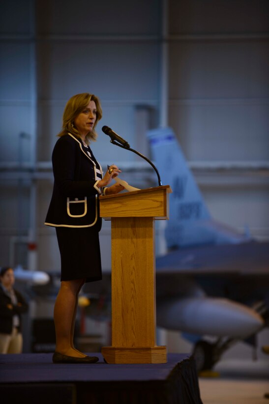 Secretary of the Air Force Deborah Lee James speaks with Airmen during an all call April 30, 2015, at Aviano Air Base, Italy. James discussed Air Force priorities and current operations and thanked 31st Fighter Wing Airmen for their service. (U.S. Air Force photo/Staff Sgt. Evelyn Chavez)