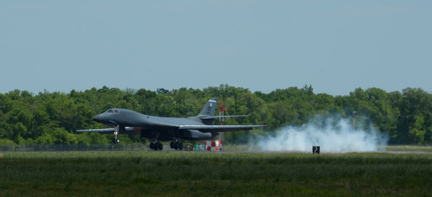 A B-1B Lancer from Dyess Air Force Base, Texas, lands on Barksdale Air Force, Louisiana, April 30, 2015, to take part in the Defenders of Liberty Air Show. The B-1's speed and superior handling characteristics allow it to seamlessly integrate in mixed force packages. These capabilities, when combined with its substantial payload, excellent radar targeting system, long loiter time and survivability, make the B-1 a key element of any joint/composite strike force. (U.S. Air Force photo/Airman 1st Class Curt Beach) 
