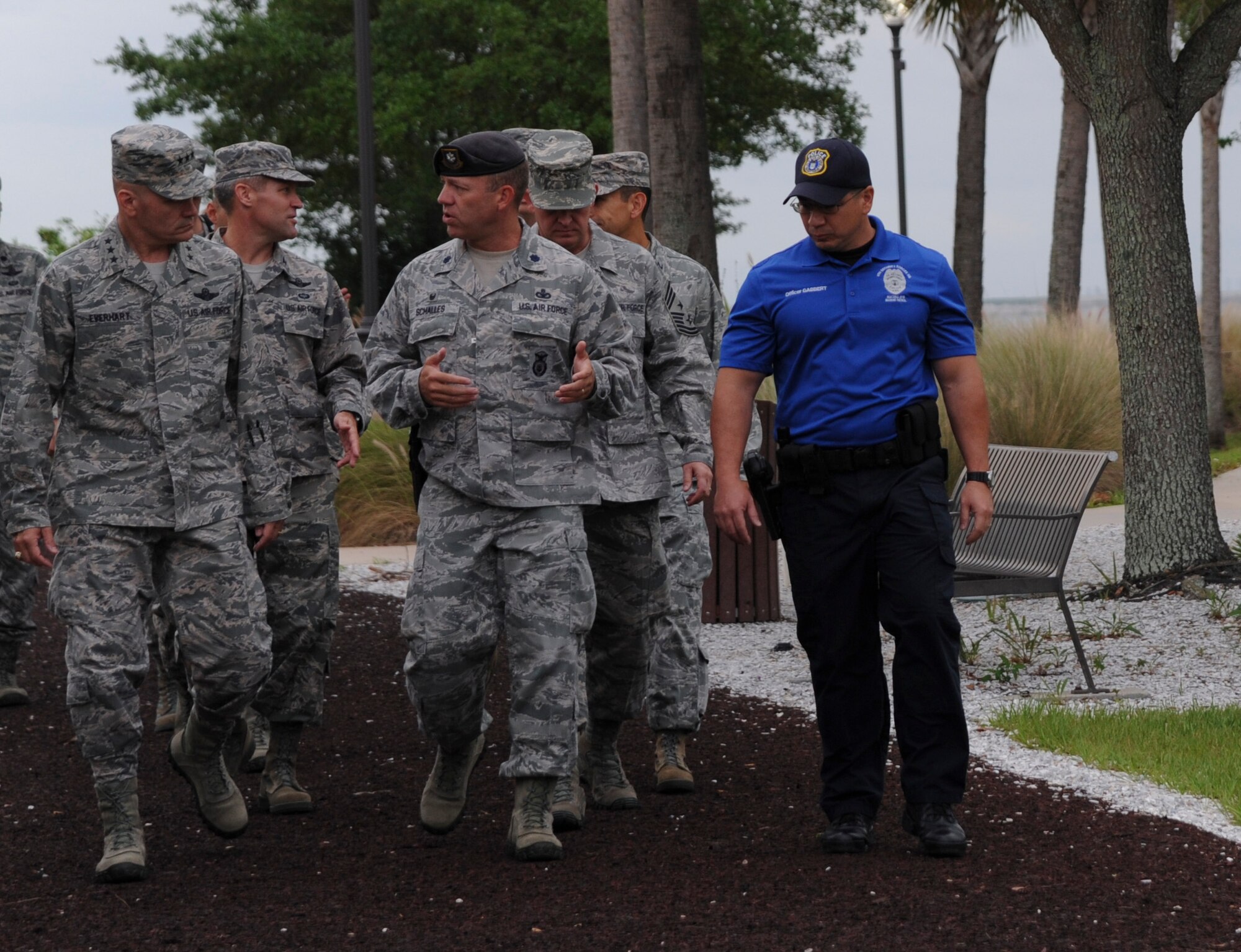 Lt. Gen. Carlton D. Everhart II, 18th Air Force commander, receives a briefing about marine patrol operations from Lt. Col. Nathan Schalles, 6th Security Forces Squadron commander, April 30, 2015, at MacDill Air Force Base, Fla. Everhart had the opportunity to go on patrol with the marine patrol Airmen. (U.S. Air Force photo by Airman 1st Class Danielle Conde/Released)
