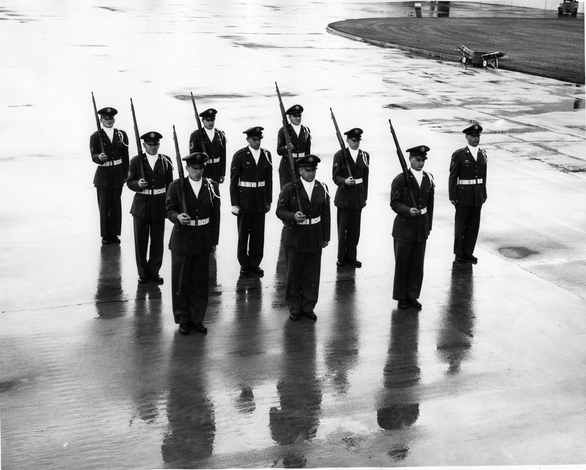 OreANG Precision Rifle Drill Team members shoulder arms during a practice at Portland AFB circa late 1960.  (142FW History Archives)