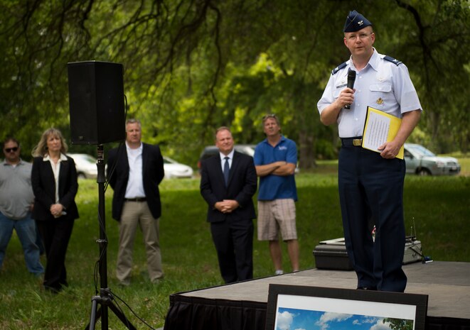 Colonel Jeffrey DeVore, Joint Base Charleston commander delivers opening remarks at the Palmetto Scholars Academy ground breaking ceremony May 1, 2015 at Hunley Park on Joint Base CHarleston, S.C. The ground breaking ceremony is the next step in what has been a 3 1/2 year partnership between JB Charleston and the Lowcountry community. The South Carolina Legislature introduced and passed unanimously the S.C. Military Charter Law, which provides PSA the ability to set aside slots in its annual lottery for children of active duty military assigned to JB Charleston. PSA is scheduled to open during the 2015-2016 academic year. (U.S. Air Force photo / Airman 1st Class Clayton Cupit)