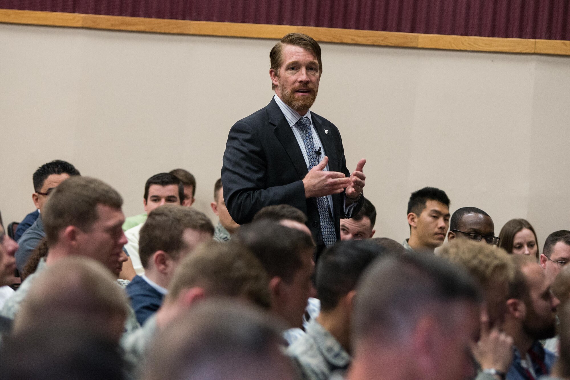 Mark Teskey, Air Force Small Business director, discusses the importance of developing the industrial base and facilitating competition through small business participation with program managers, engineers and contracting Airmen at Hanscom Air Force Base, Mass., April 29. Last fiscal year, Hanscom Battle Management and C3I and Networks Directorates had an obligation of approximately $214 million in small business funds; both directorates surpassed their small business goal for the year. (U.S. Air Force photo by Mark Herlihy)