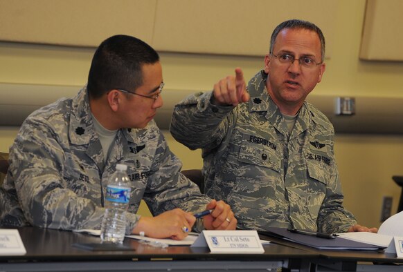 Lt. Col. Kenneth Egerstrom addresses the speaker at a medical readiness briefing at the Smart Conference Center at Joint Base Andrews, Md., April 29, 2015. This briefing is one of the many these officers and their spouses will attend during a three-day course designed to equip them for the unique issues of commanding an organization in the National Capital Region. (U.S. Air Force photo/James Lotz)