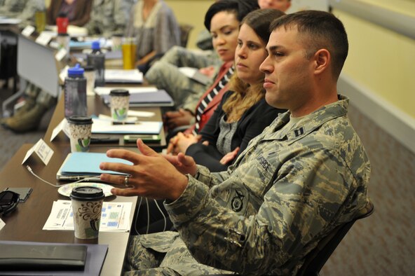 Capt. Gerald Patton addresses the members of the Commanders’ Panel at the Smart Conference Center at Joint Base Andrews, Md., May 1, 2015. This briefing is one of the many these officers and their spouses will attend during a three-day course designed to equip them for the unique issues of commanding an organization in the National Capital Region. (U.S. Air Force photo/2nd Lt. Esther Willett)