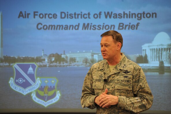 Air Force District of Washington Commander Maj. Gen. Darryl Burke addresses incoming commanders at the Smart Conference Center at Joint Base Andrews, Md., April 29, 2015. These officers and their spouses are attending a three-day course designed to equip them for the unique issues of commanding an organization in the National Capital Region. (U.S. Air Force photo/2nd Lt. Esther Willett)