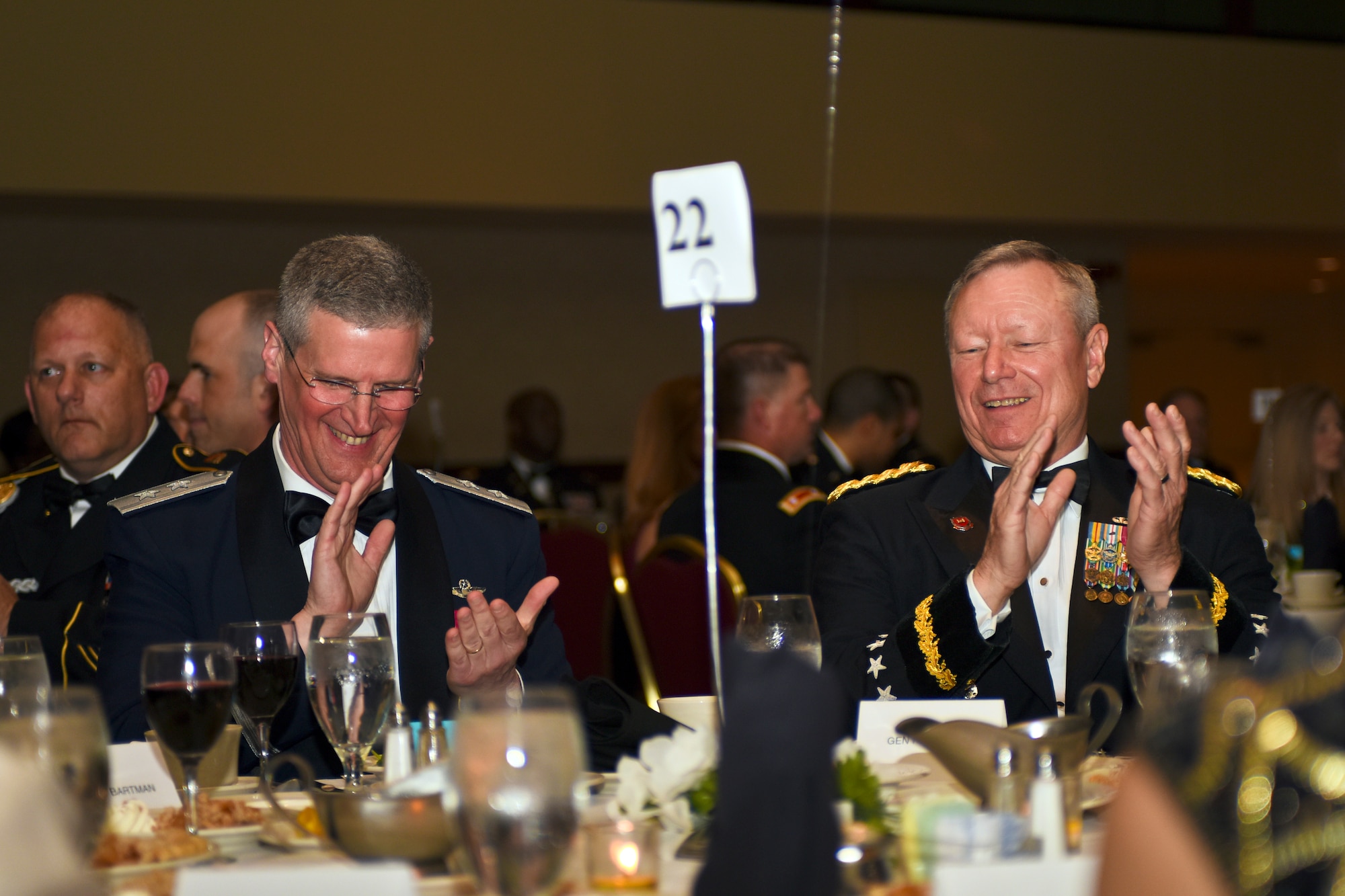 U.S. Air Force Maj. Gen. Mark E. Bartman (left), Ohio adjutant general, and U.S. Army Gen. Frank J. Grass (right), Chief of the National Guard Bureau, attended the Ohio National Guard Association and Ohio National Guard Enlisted Association Spring Dinner Dance, Columbus, Ohio, April 25, 2015. Gen. Grass was the guest speaker at the event which is held annually for association members in both the Air and Army National Guard. (U.S. National Guard photo by Senior Airman Wendy Kuhn/Released)