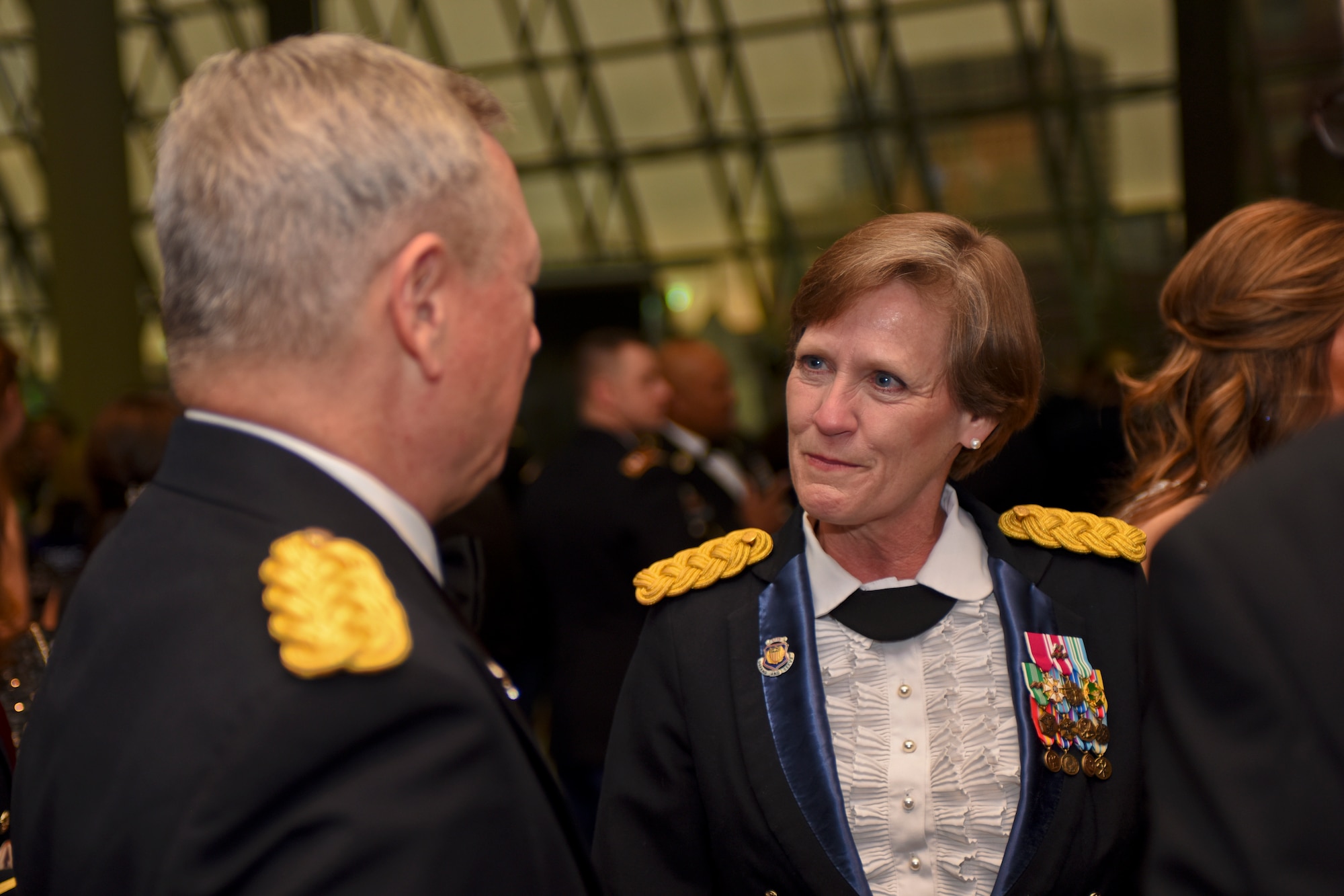 U.S. Army Gen. Frank J. Grass (left), Chief of the National Guard Bureau, speaks with Maj. Gen. Deborah Ashenhurst (right), special assistant to the vice chief, National Guard Bureau, prior to the Ohio National Guard Association and Ohio National Guard Enlisted Association Spring Dinner Dance, Columbus, Ohio, April 25, 2015. Gen. Grass was the guest speaker at the event which is held annually for association members in both the Air and Army National Guard. (U.S. National Guard photo by Senior Airman Wendy Kuhn/Released)