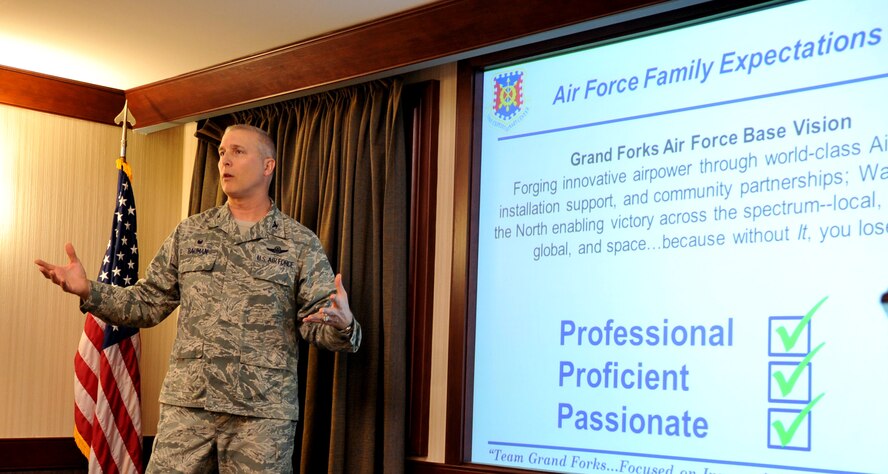 Col. Paul Bauman, 319th Air Base Wing commander, briefs the Air Mobility Command Inspector General capstone team April 20, 2015, on some basic facts about Grand Forks Air Force Base, N.D., and the 319th Air Base Wing ahead of the Unit Effectiveness Inspection conducted the fourth week of April. More than 50 inspectors visited the base to assess unit effectiveness in the areas of executing the mission, managing resources, leading people and improving the unit. (U.S. Air Force photo by Staff Sgt. Susan L. Davis/Released)