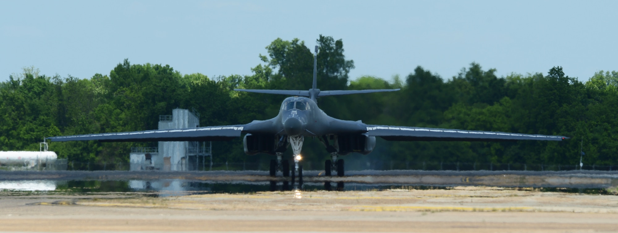 A B-1B Lancer from Dyess Air Force Base, Texas, taxis down the runway on Barksdale Air Force Base, Louisiana, April 30, 2015. The B-1's speed and superior handling characteristics allow it to seamlessly integrate in mixed-force packages. These capabilities, when combined with its substantial payload, excellent radar targeting system, long loiter time and survivability, make the B-1 a key element of any joint/composite strike force. (U.S. Air Force photo/Senior Airman Benjamin Gonsier)