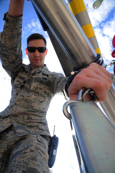 Airman 1st Class Jake McSheffrey, 509th Logistics Readiness Squadron fuels distribution technician, unhooks a pantograph at Whiteman Air Force Base, Mo., April 23, 2015. A pantograph is a metal pipe assembly that hooks into a pit with single point nozzles on the end of the arm to hook into the aircraft. (U.S. Air Force photo by Senior Airman Keenan Berry/Released)