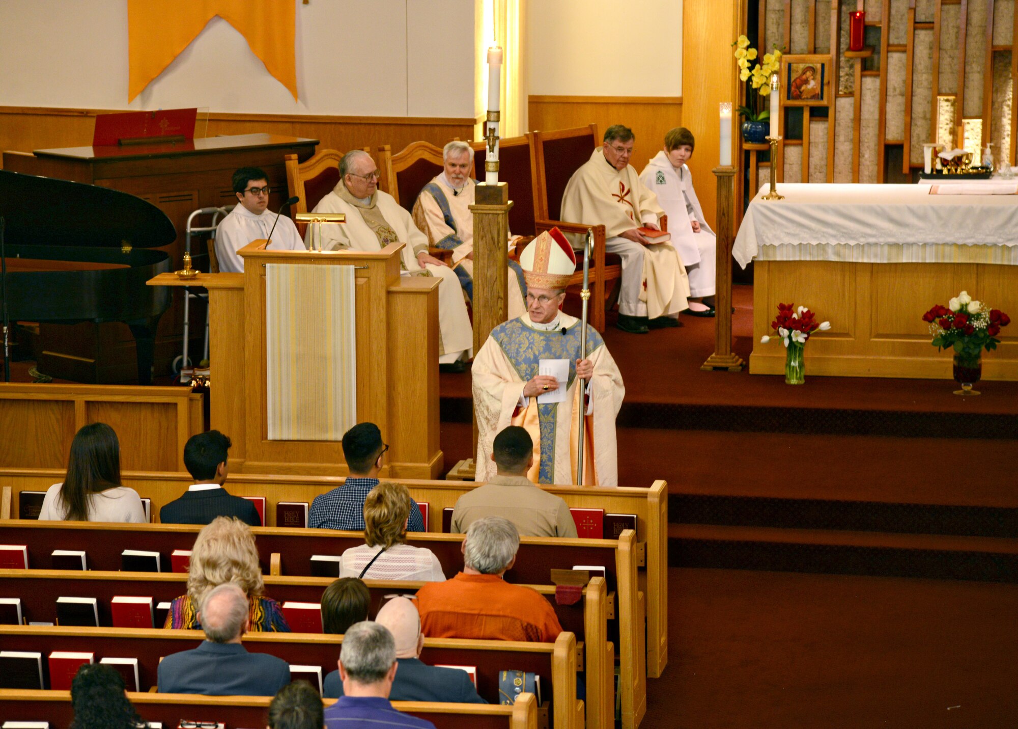 Archbishop Timothy Broglio visited Tinker on April 26 for Good Shepherd Sunday and to give The Sacrament of Confirmation to congregation members Ivan Ocampo and Victor Cashes. Archbishop Broglio was ordained by Pope John Paul II in 2001, and was named the fourth Archbishop of the Military Services, USA, in 2008. (Air Force photo by Kelly White/Released)