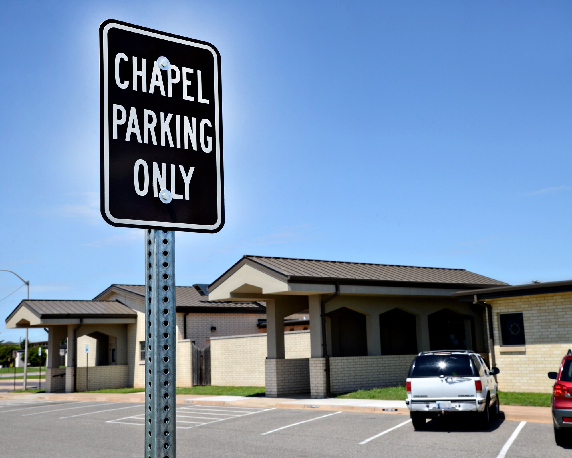 The parking spaces at the Tinker Chapel are for chapel staff and customers only. When attending an event near the chapel, resist the temptation to park in one of the 14 spots. (Air Force photo by Kelly White/Released)