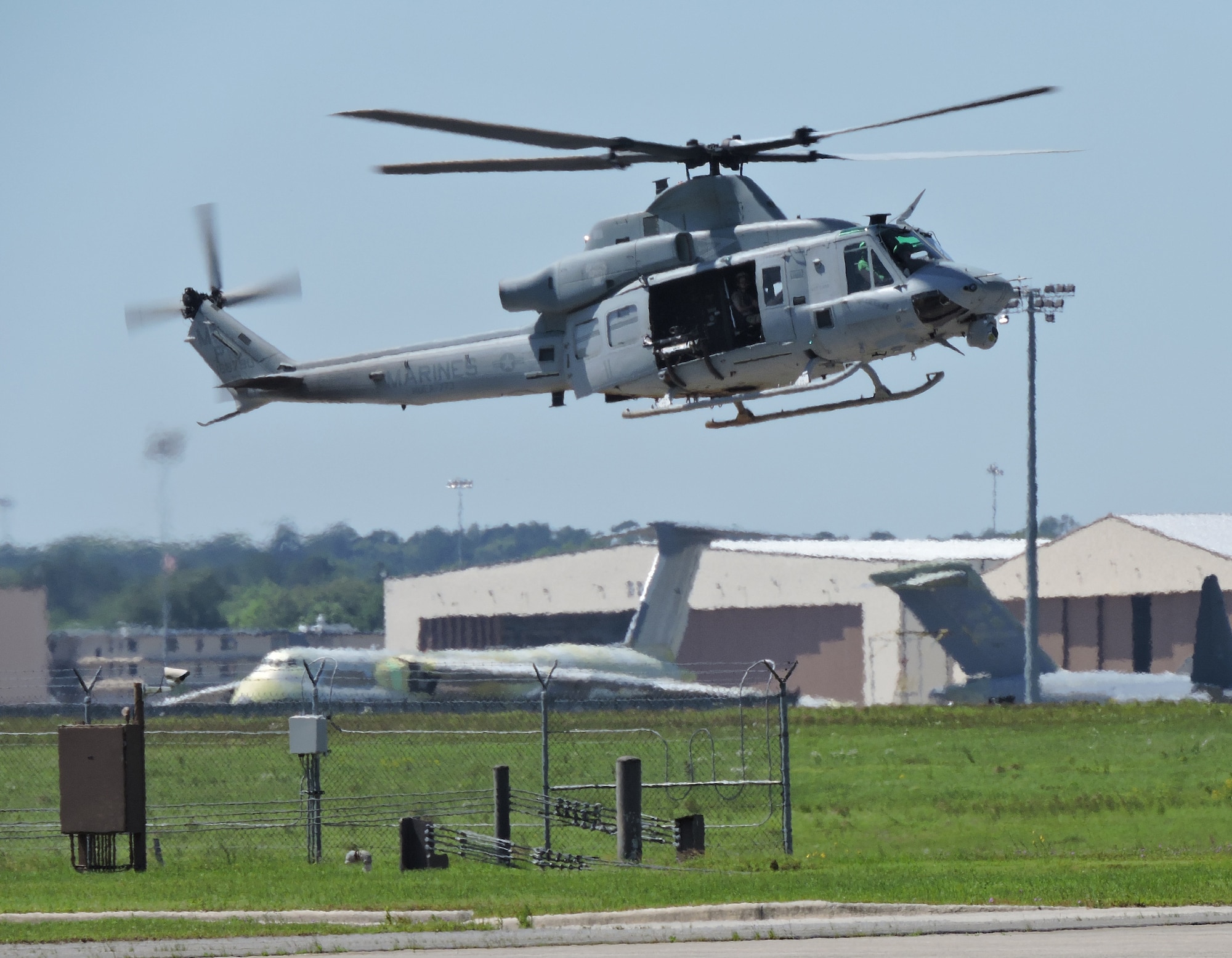 A Marine Aircraft Group 49 Detachment A UH-1Y Huey helicopter lands at Robins April 23, 2015. (U.S. Air Force photo by Roland Leach)