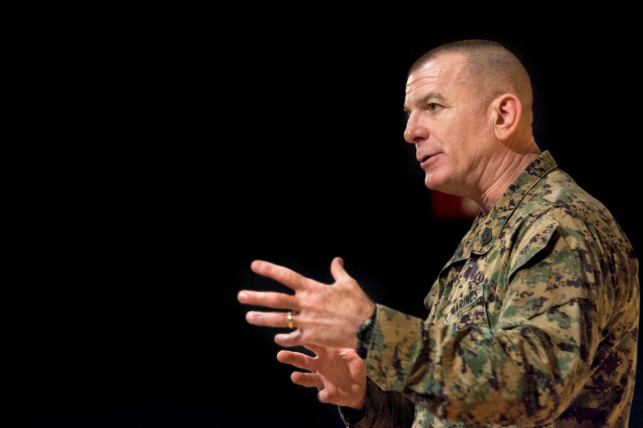 Marine Corps Sgt. Maj. Bryan B. Battaglia, senior enlisted advisor to the chairman of the Joint Chiefs of Staff, holds a town hall meeting with airmen on Joint Base Langley–Eustis, Va., March 7, 2014. Battaglia will host a town hall with service members during his trip. DOD photo by U.S. Navy Petty Officer 1st Class Daniel Hinton