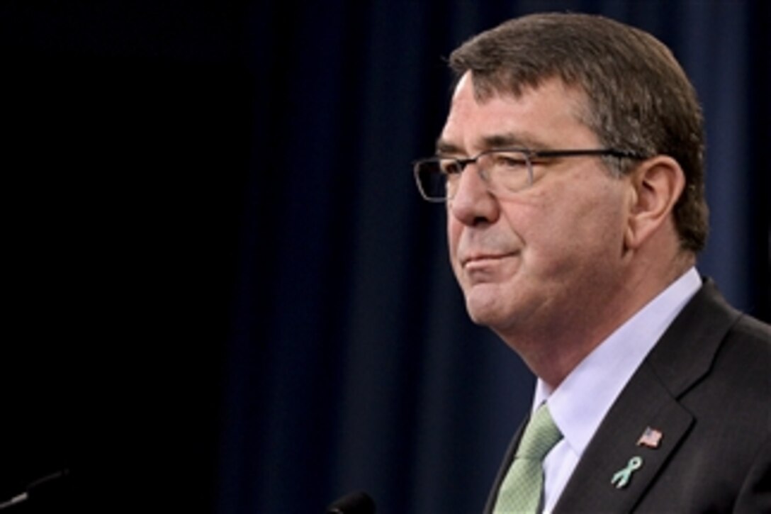 Defense Secretary Ash Carter discusses the release of the Defense Department's Annual Report on Sexual Assault in the Military during a news conference at the Pentagon, May 1, 2015. Carter also announced directives to further strengthen the department's sexual assault prevention and response program.