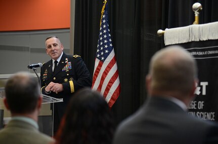 U.S. Army Maj. Gen. John Uberti, U.S. Strategic Command chief of staff, delivers the keynote speech during a USSTRATCOM Leadership Fellows Program graduation ceremony at the University of Nebraska's Peter Kiewit Institute in Omaha, May 1, 2015. During the program, the 10 hand-selected USSTRATCOM civilian employees spent 13 weeks, in a classroom-based, hands-on environment, learning from university national security and defense experts and honing their skills in team building, collaboration management, data-driven decision making and project management. The fellowship program, launched in March 2014, is part of USSTRATCOM's ongoing effort to build enduring relationships with partner organizations, such as the University of Nebraska's National Strategic Research Institute, from the private sector, academia and allied nations. USSTRATCOM is one of nine DoD unified combatant commands and is charged with strategic deterrence; space operations; cyberspace operations; joint electronic warfare; global strike; missile defense; intelligence, surveillance and reconnaissance; combating weapons of mass destruction; and analysis and targeting. (USSTRATCOM photo by U.S. Air Force Staff Sgt. Jonathan Lovelady) More photos at https://www.flickr.com/photos/usstratcom/sets/72157651949597089/