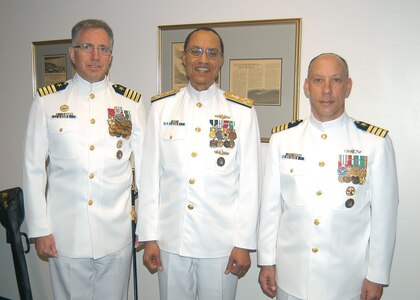 U.S. Navy Adm. Cecil D. Haney (center), U.S. Strategic Command commander, U.S. Navy Capt. R. Chandler Swallow (left), outgoing Joint Warfare Analysis Center commander, and U.S. Navy Capt. Andrew Feinberg, incoming JWAC commander, meet before a change of command ceremony at JWAC headquarters, Dahlgren, Va., May 1, 2015. Haney presided over the ceremony, during which Swallow relinquished command and retired from military service. Feinberg assumed command of the USSTRATCOM functional component that analyzes information provided by the intelligence community and recommends solutions to some of the most complex challenges faced by combatant commands, the Joint Staff, and civilian agencies. USSTRATCOM is one of nine DoD unified combatant commands and is charged with strategic deterrence; space operations; cyberspace operations; joint electronic warfare; global strike; mission defense; intelligence, surveillance and reconnaissance; combat weapons of mass destruction; and analysis and targeting. (Photo courtesy of Steven Moore, JWAC PAO)