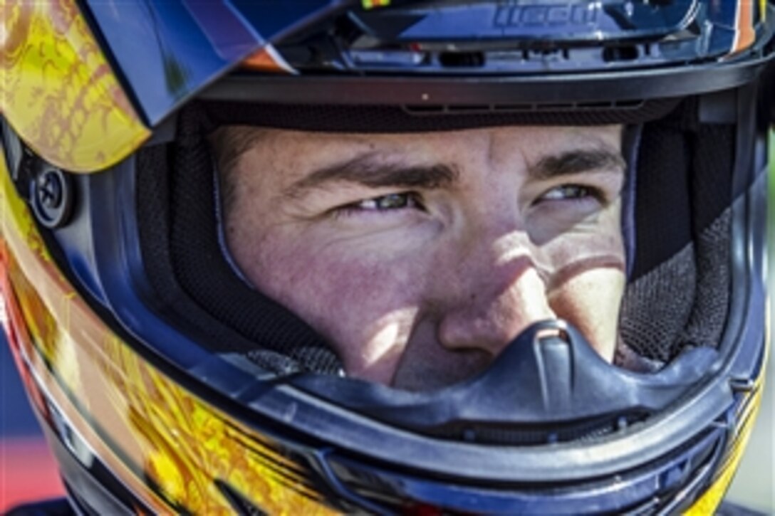 Army Sgt. Kyle Pecus participates in the 1st Armored Division Artillery’s “Roar” Against Sexual Assault, an event on Fort Bliss, Texas, April 30, 2015. Pecus is a motorcycle rider assigned to the 1st Armored Division's 2nd Battalion, 3rd Field Artillery Regiment.