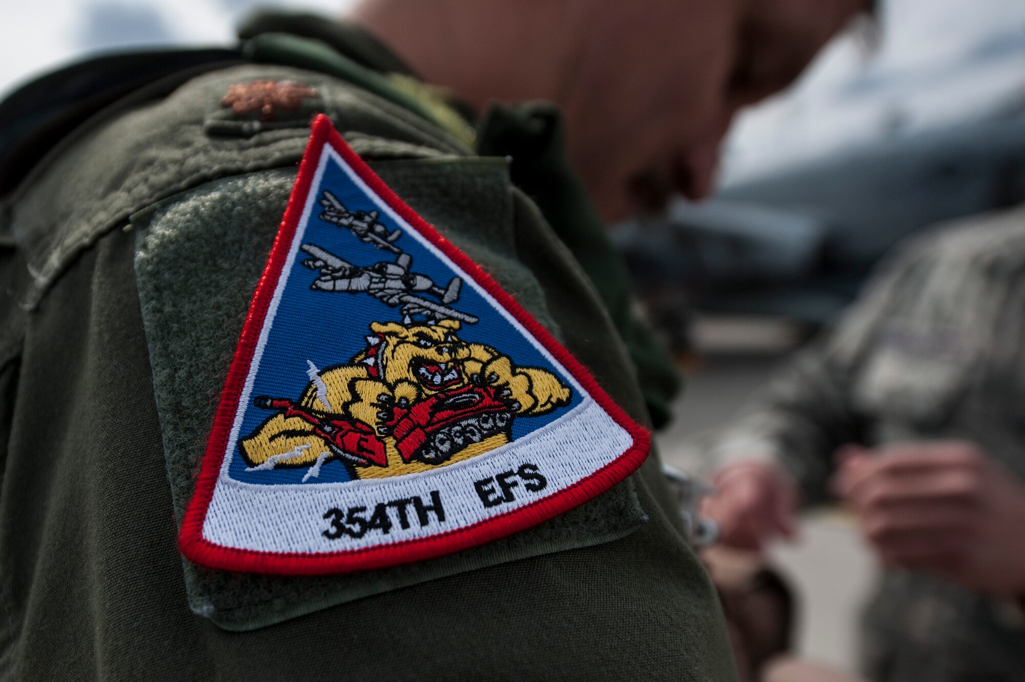 A 354th Expeditionary Fighter Squadron patch is displayed on the shoulder of an A-10 Thunderbolt II attack aircraft pilot May 1, 2015, at Ämari Air Base, Estonia. Nearly 70 Airmen and support equipment from the 355th Fighter Wing at Davis-Monthan Air Force Base, Arizona, and the 52nd Fighter Wing at Spangdahlem Air Base, Germany, are here to support operations in Estonia as part of the first European Theater Security Package rotation. (U.S. Air Force photo by Senior Airman Rusty Frank/Released)