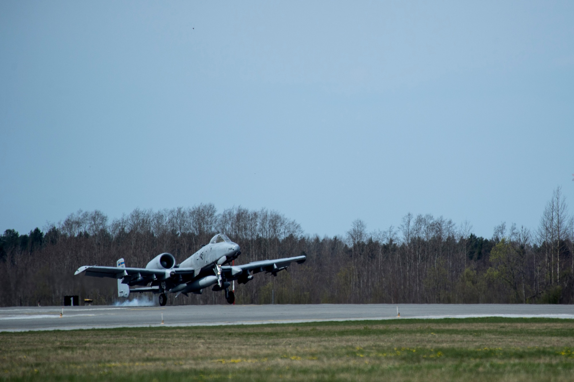 An A-10 Thunderbolt II attack aircraft lands on the runway May 1, 2015, at Ämari Air Base, Estonia. The U.S. and Estonian air forces will conduct training aimed to strengthen interoperability and demonstrate the countries' shared commitment to the security and stability of Europe.  (U.S. Air Force photo by Senior Airman Rusty Frank/Released)