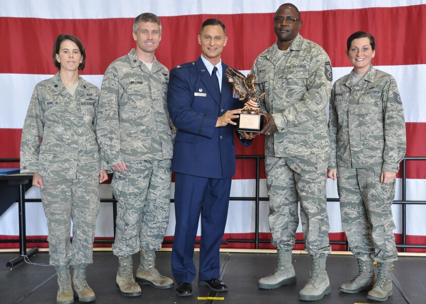 Members of the 94th Airlift Wing Command Post receive the 2014 Air Force Reserve Command Outstanding Small Command Post Award from Colonel Brett Clark, 94th Airlift Wing commander, at Dobbins Air Reserve Base, Ga, May 2. These service-members were among many individuals to be recognized for outstanding performance at the May Commander’s Call. (U.S. Air Force photo/ Senior Airman Miles Wilson)