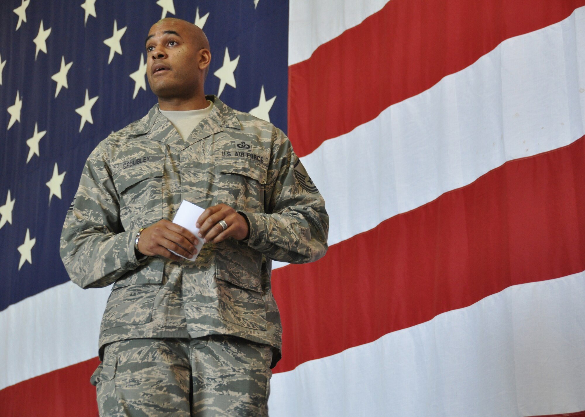 Master Sgt. John Crumbley, of the 94th Airlift Wing Safety Office, gives a safety briefing at Dobbins Air Reserve Base, Ga, May 2. Crumbley was speaking to the entire 94th AW during the May unit training assembly’s Commander’s Call. (U.S. Air Force photo/ Senior Airman Miles Wilson)