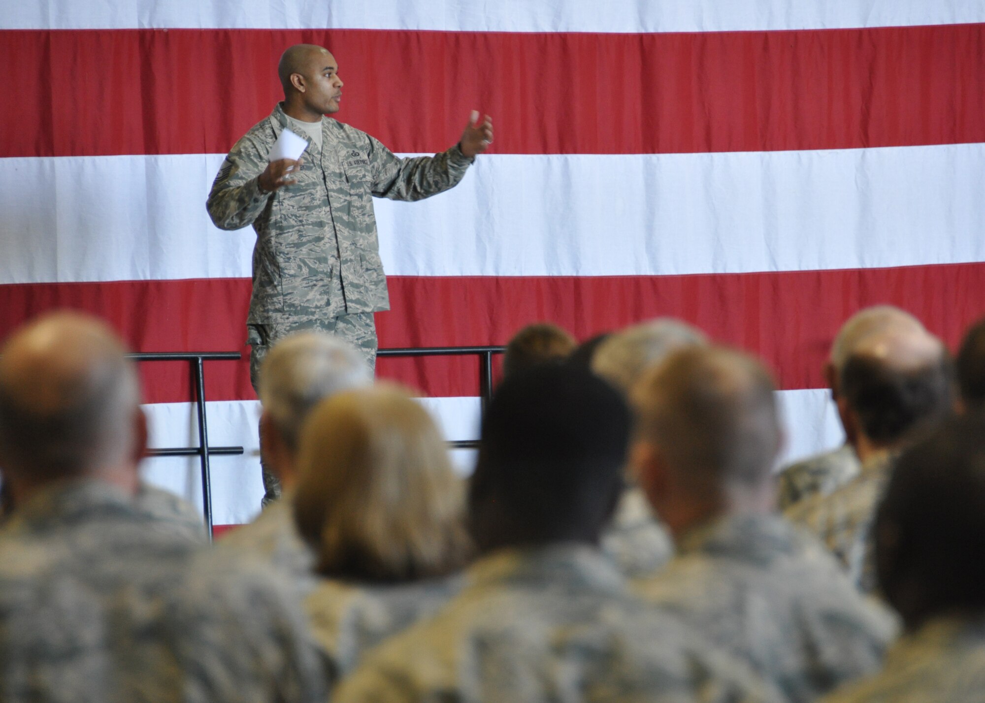 Master Sgt. John Crumbley, of the 94th Airlift Wing Safety Office, gives a safety briefing at Dobbins Air Reserve Base, Ga, May 2. Crumbley was speaking to the entire 94th AW during the May unit training assembly’s Commander’s Call. (U.S. Air Force photo/ Senior Airman Miles Wilson)