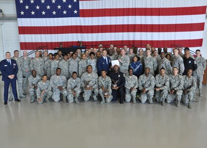 The 94th Security Forces Squadron poses for a group photo at Dobbins Air Reserve Base, Ga, May 2. The 94th SFS was awarded the 2014 Squadron of the year Award, and wanted to commemorate the achievement with a photo with Colonel Clark, 94th Airlift Wing commander. (U.S. Air Force photo/ Senior Airman Miles Wilson)