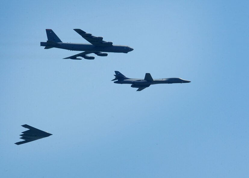 A B-52H Stratofortress, B-1B Lancer and B-2 Spirit soar through the sky during the 2015 Defenders of Liberty Airshow at Barksdale Air Force Base, Louisiana, May 3. Effective Oct. 1, the B-1 bomber fleet will realign from Air Combat Command to Air Force Global Strike Command. Under the realignment, 63 aircraft and more than 7,000 personnel will join AFGSC. (U.S. Air Force photo/Senior Airman Joseph A. Pagán Jr.)