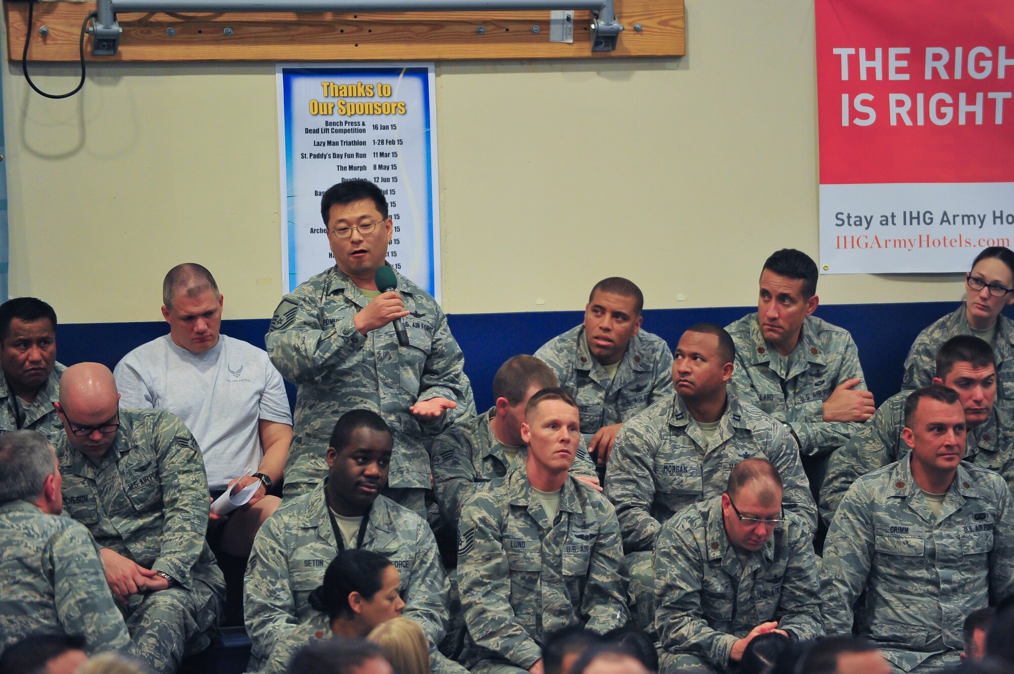 Air Force Reserve Master Sgt Richard A. Edmundson, asks a question during a commander's call May 2, 2015, at Schriever Air Force Base, Colo.
(U.S. Air Force photo/Tech. Sgt. Nicholas B. Ontiveros)