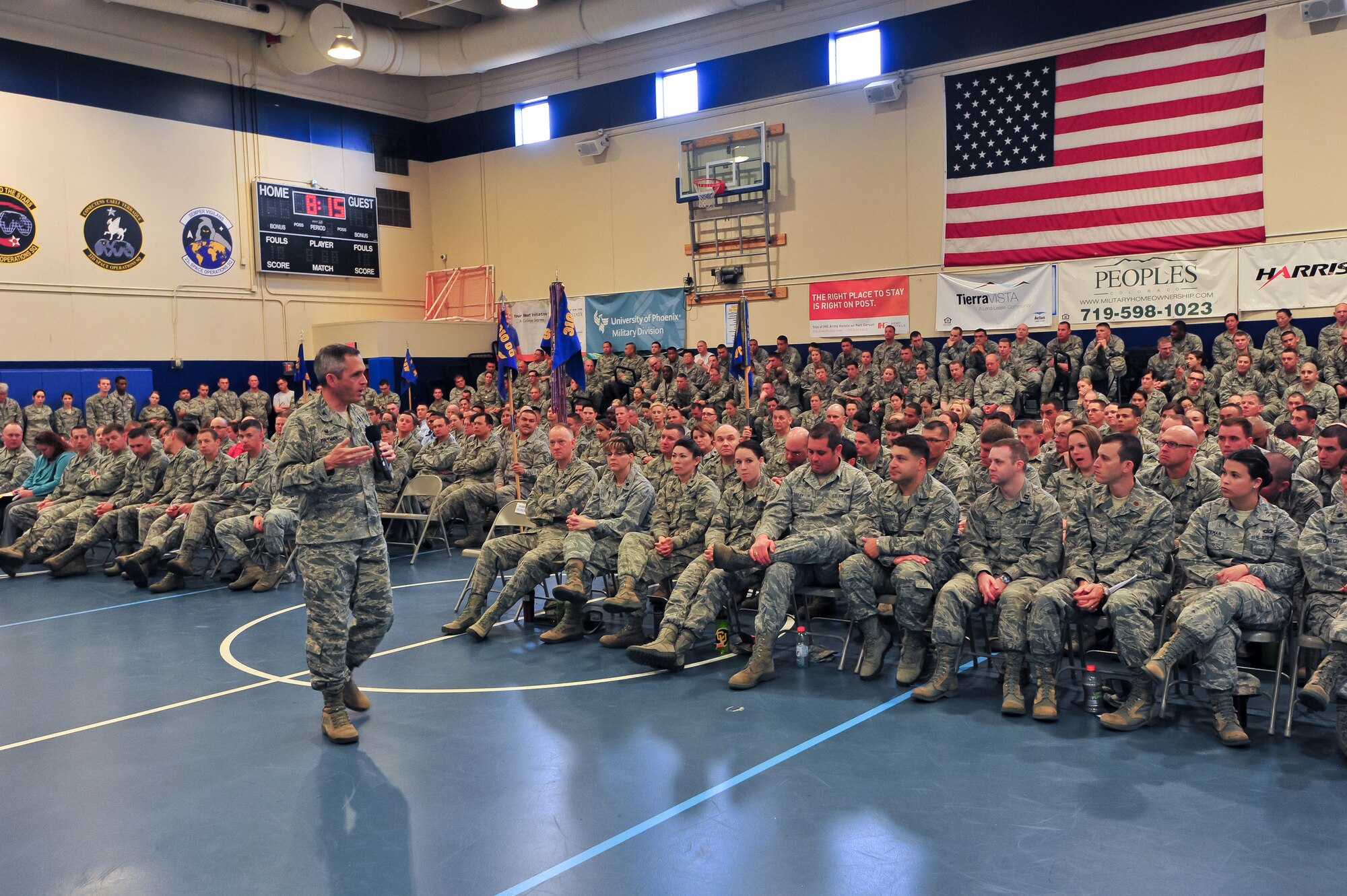Air Force Reserve Col. Damon S. Feltman, 310th Space Wing Commander, addresses his Airmen during a commander's call May 2, 2015, at Schriever Air Force Base, Colo.
(U.S. Air Force photo/Tech. Sgt. Nicholas B. Ontiveros)